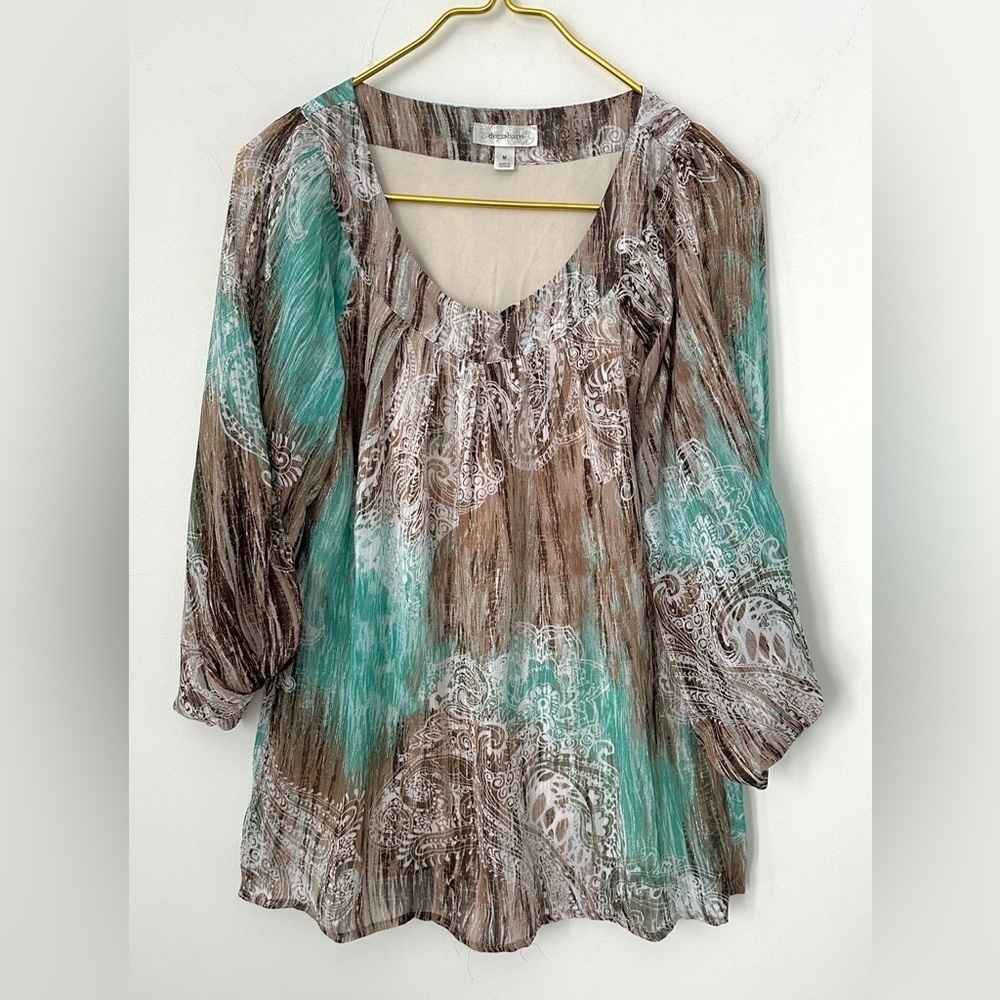 Dressbarn Teal Brown Tinsel Paisley Floral Coastal Lined Blouse Women’s Medium